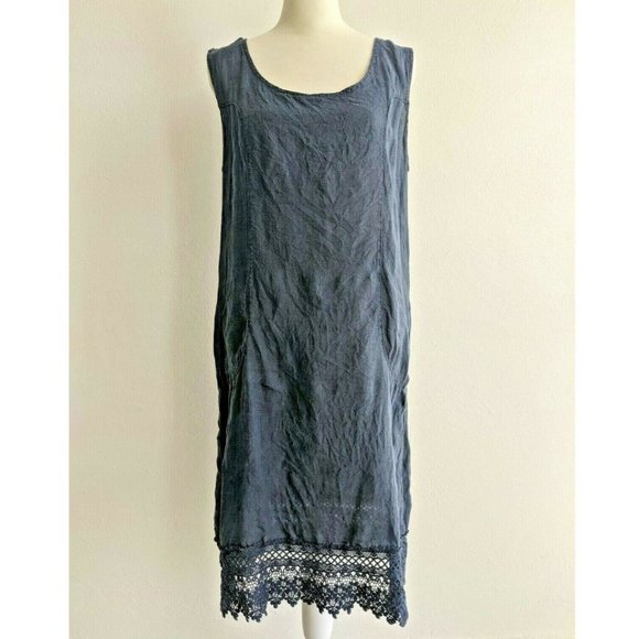 Lungo L'Arno Dress Small 100% Linen Sleeveless Crochet Trim Made in Italy BLUE - Picture 2 of 9